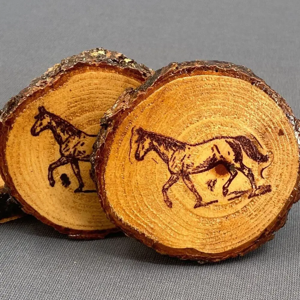 VTG Wood Slice Coaster Set Horse Burned Rustic Cabin Decor Log Round Set 4 Ranch